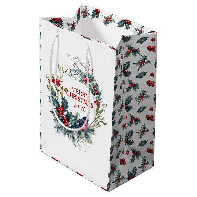 Sac Cadeau Moyen Couronne de Noël Bullfinch & Noël holly (Dos Angle)