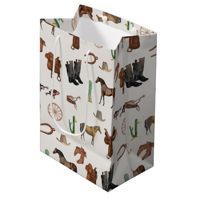 Sac Cadeau Moyen Cowboy Cowgirl Western Rodeo Pays Motif (Devant Angle)