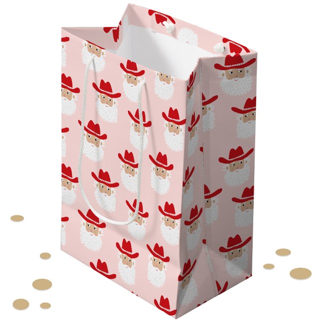 Sac Cadeau Moyen Cowboy Santa Claus Western Christmas Pink (Fun Cowboy Santa Claus Western themed Christmas Holiday gift bag)
