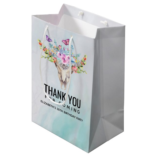 Sac Cadeau Moyen Crâne animal Boho avec papillons et fleurs (Devant Angle)