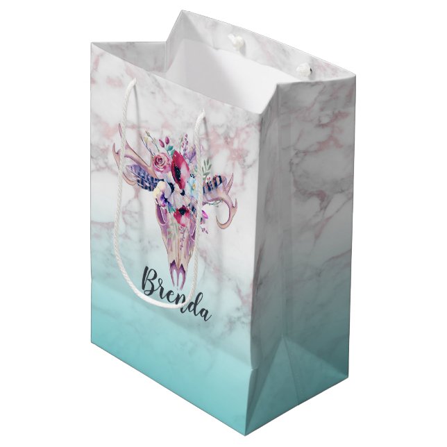 Sac Cadeau Moyen Crâne boho floral moderne & marbre ombre (Devant Angle)