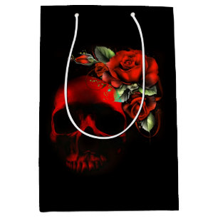 Sac Cadeau Moyen Crâne et roses rouges et noirs