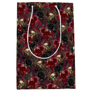 Sac Cadeau Moyen Crâne gothique vintage et Rose rouge et noir