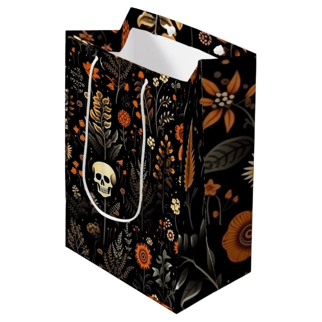 Sac Cadeau Moyen Crânes Fleurs et verdure Halloween noir (Devant Angle)