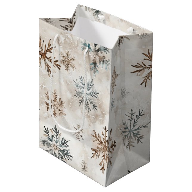 Sac Cadeau Moyen Cream Blue Brown Snowflakes Christmas (Devant Angle)