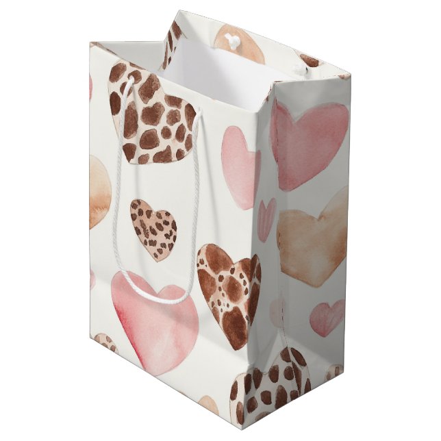 Sac Cadeau Moyen Crème Brown rose Leopard Coeurs animaux Anniversai (Devant Angle)