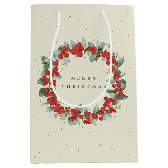 Sac Cadeau Moyen Crème Rouge Berry+Eucalyptus Noël/Fêtes (Devant)
