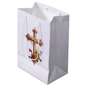 Sac Cadeau Moyen Croix en bois élégante aux fleurs roses