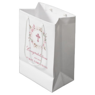 Sac Cadeau Moyen Croix rose de la première communion modifiable