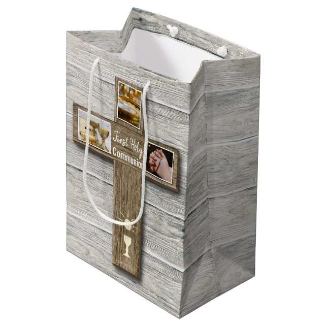 Sac Cadeau Moyen Croix Rustique Bois Première communion sainte (Devant Angle)