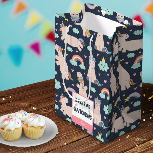Sac Cadeau Moyen Croyez en Unicorns Bleu et Rose fille Motif enfant