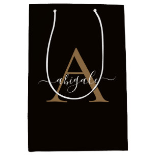 Sac Cadeau Moyen Cuir Or Monogrammé Noir Élégant Minimaliste
