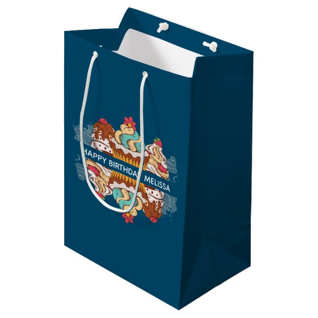 Sac Cadeau Moyen Cupcakes de style rétro Sweet Dessert Anniversaire (Devant Angle)