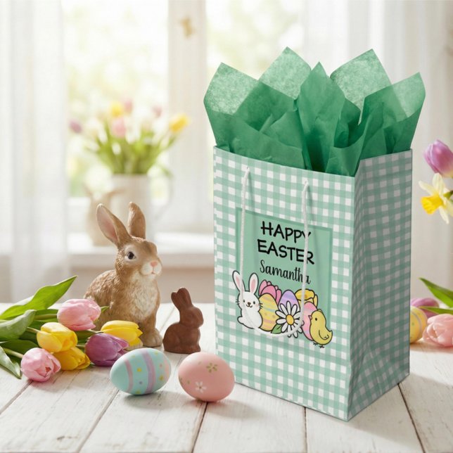 Sac Cadeau Moyen Custom Happy Easter Bunny Chick Green Gingham (Créateur téléchargé)