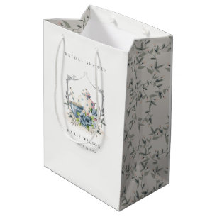 Sac Cadeau Moyen Cute Aqua Blue Floral Teapot Crest Fête des mariée