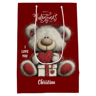 Sac Cadeau Moyen Cute Bear Happy Valentines Day Custom Name 