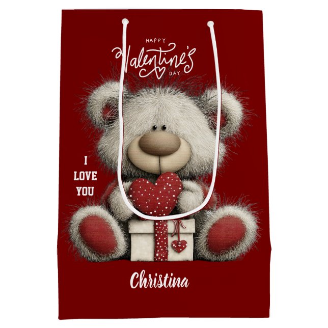 Sac Cadeau Moyen Cute Bear Happy Valentines Day Script Name  (Dos)