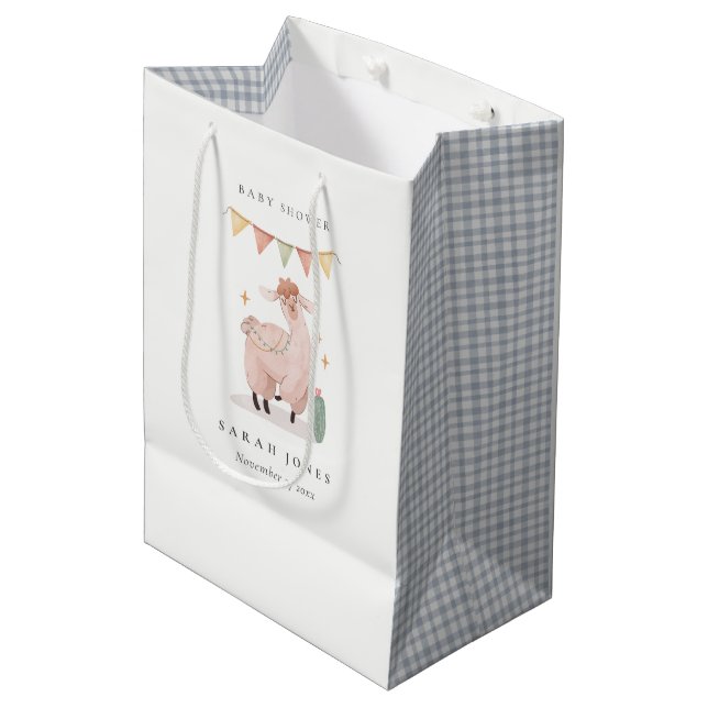Sac Cadeau Moyen Cute bleu Plaid Cactus Boho Llama Baby shower (Devant Angle)