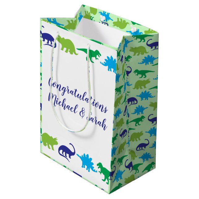 Sac Cadeau Moyen Cute Dinosaur Baby shower Dino Blue et Green Boy (Dos Angle)