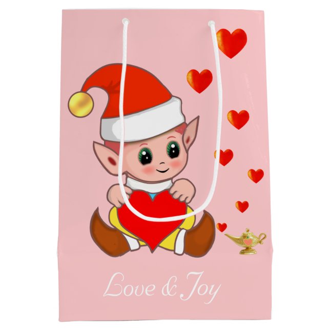 Sac Cadeau Moyen Cute elfe avec coeur d'amour sur rose clair (Dos)