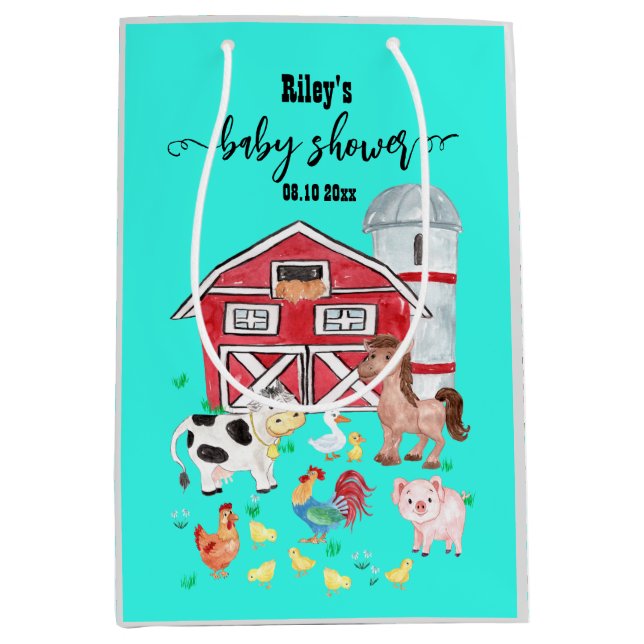 Sac Cadeau Moyen Cute Farm Animaux Baby shower Turquoise (Devant)