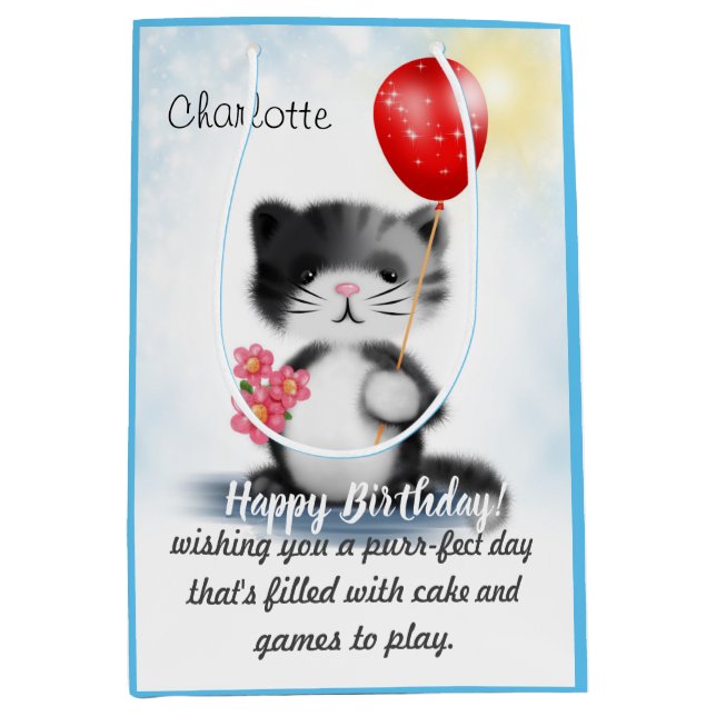 Sac Cadeau Moyen Cute Fluffy Kitten Art Joyeux Poème d'anniversaire (Devant)