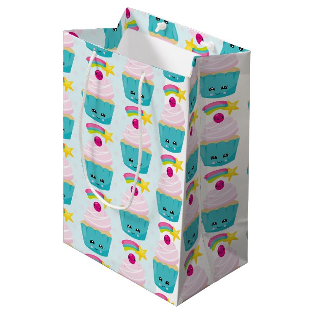 Sac Cadeau Moyen Cute gâteau bleu avec Motif de visage Kawaii (Devant Angle)