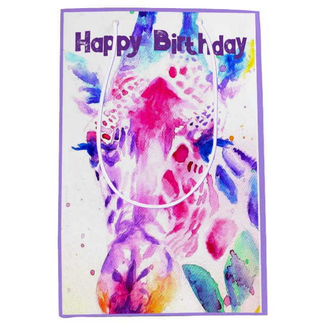 Sac Cadeau Moyen Cute Giraffe Zoo Animal Motif Aquarelle (Devant)