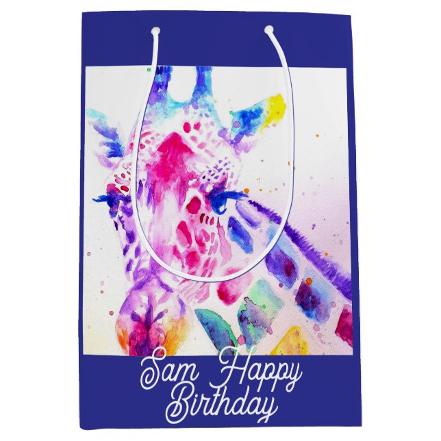 Sac Cadeau Moyen Cute Giraffe Zoo Animal Pattern Watercolor (Devant)