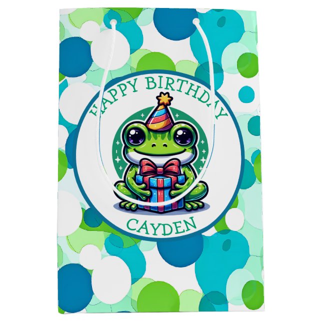 Sac Cadeau Moyen Cute Grenouille à thème Garçon d'anniversaire (Devant)