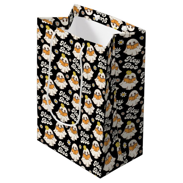 Sac Cadeau Moyen Cute Halloween Ghost Retro Éffrayant Boo Noir (Devant Angle)