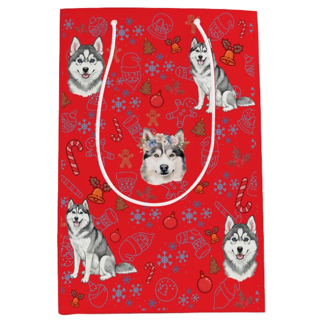 Sac Cadeau Moyen Cute Husky Dog Christmas Winter Seamless Pattern  (Devant)