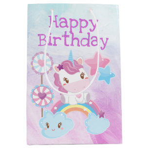 Sac Cadeau Moyen Cute Kawaii Dreamy Unicorn Rainbow Birthday