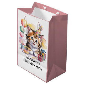 Sac Cadeau Moyen Cute Kitten Watercolor Birthday Party