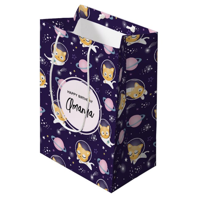 Sac Cadeau Moyen Cute Kitty Chat Astronauts Motif Anniversaire (Devant Angle)