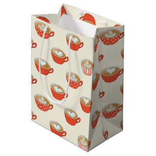 Sac Cadeau Moyen Cute Latte Art dans le Motif de Mugs de café rouge