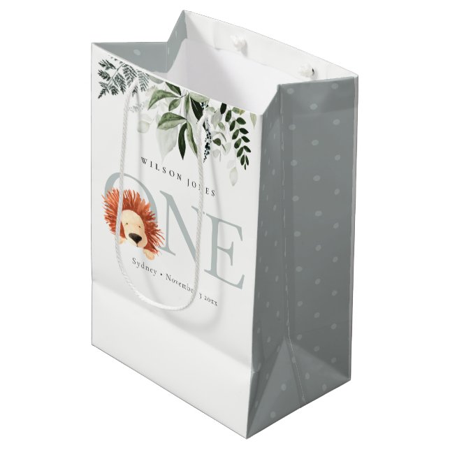 Sac Cadeau Moyen Cute Lion Foliage 1ère fête d'anniversaire (Devant Angle)