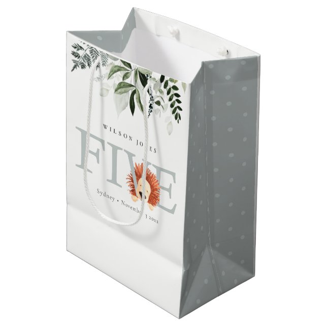 Sac Cadeau Moyen Cute Lion Foliage Cinquième fête d'anniversaire (Devant Angle)