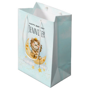 Sac Cadeau Moyen Cute Lion Pêche sur la Lune Aquarelle Anniversaire