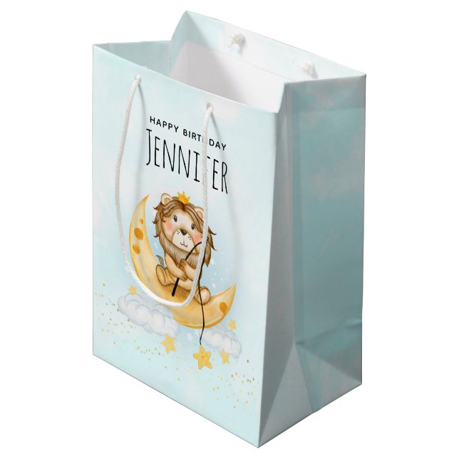 Sac Cadeau Moyen Cute Lion Pêche sur la Lune Aquarelle Anniversaire (Devant Angle)