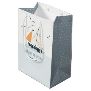 Sac Cadeau Moyen Cute Nautical Blue Sailboat Pastel Anniversaire de