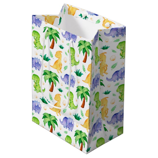 Sac Cadeau Moyen Cute Neon Aquarelle Dinosaur Motif (Devant Angle)