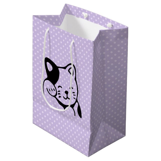 Sac Cadeau Moyen Cute noir et blanc Kitty Chat Waving Bonjour (Devant Angle)