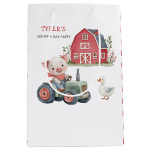 Sac Cadeau Moyen Cute Pig Tracteur ferme animal fête d'anniversaire