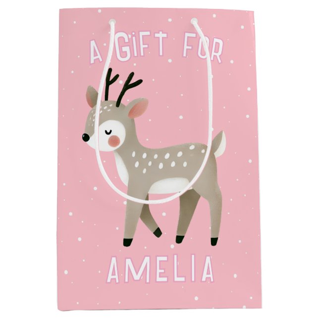 Sac Cadeau Moyen Cute Pink Reindeer Kid`s Name Christmas  (Devant)