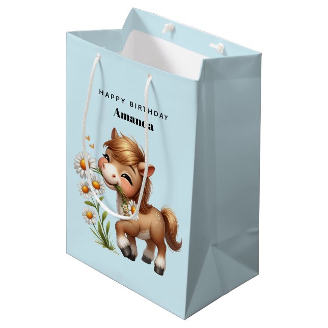 Sac Cadeau Moyen Cute Pony Mange Daisées Anniversaire (Devant Angle)