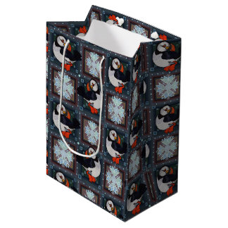 Sac Cadeau Moyen Cute Puffin Birds Motif d'hiver