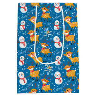 Sac Cadeau Moyen Cute Reindeer et Snowman Blue