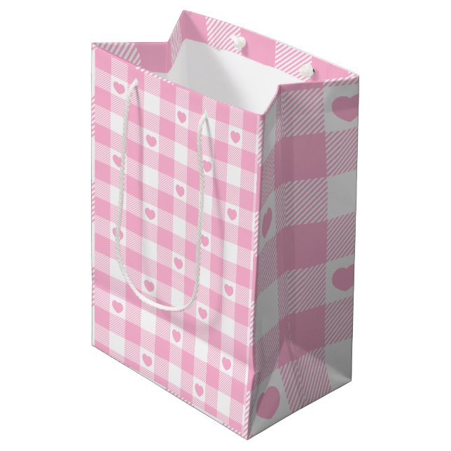 Sac Cadeau Moyen Cute Rose En vichy Vichy aux Coeurs (Devant Angle)