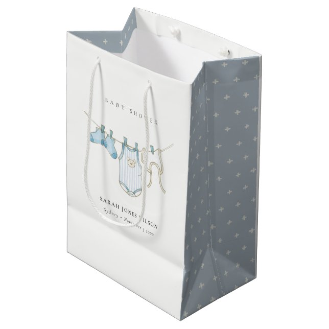 Sac Cadeau Moyen Cute Simple Aqua Blue Boy Clothesline Baby shower (Devant Angle)